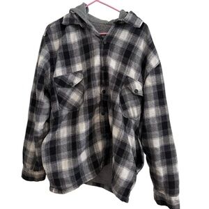 Canyon Creek Plaid Flannel Hoodie Jacket Sherpa Lined Gray Black White Medium